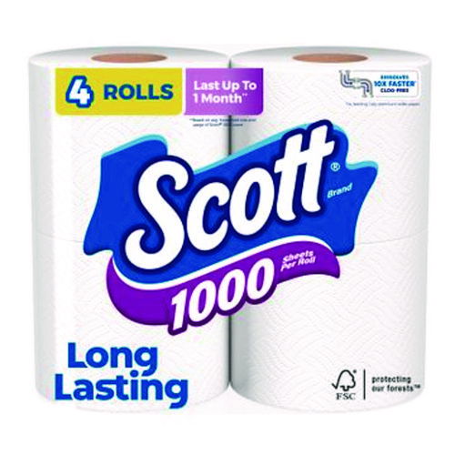 1000 Bathroom Tissue, Septic Safe, 1-Ply, White, 1,000 Sheets/Roll, 4 Rolls/Pack, 12 Packs/Carton