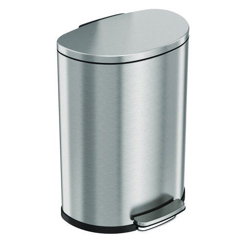 Step Pedal Trash Can, 13 gal, Half-Round Plastic/Stainless Steel, Silver