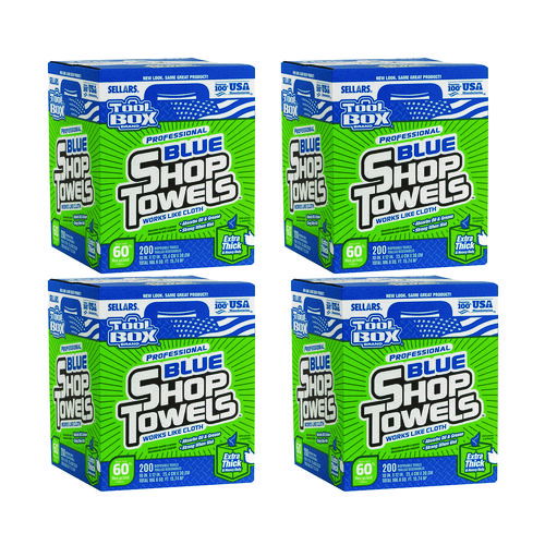 TOOLBOX Blue Shop Towels, 1-Ply, 10 x 12, Blue, 200 Sheets/Box, 4 Boxes/Carton