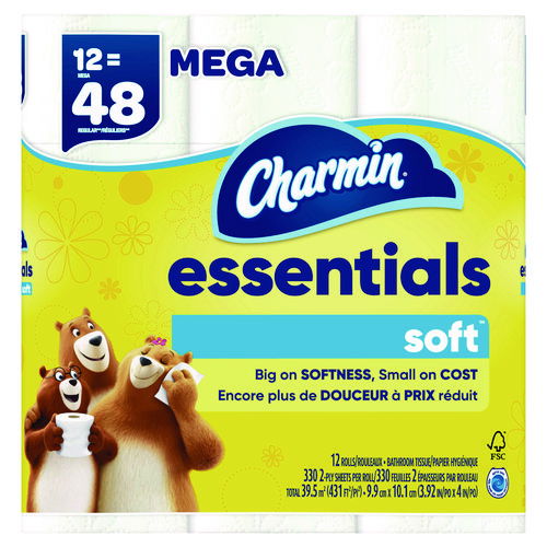 Essentials Soft Bathroom Tissue, Septic Safe, 2-Ply, White, 330 Sheets/Roll, 12 Rolls/Pack, 4 Packs/Carton
