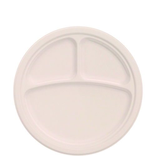 Compostable Molded Fiber Dinnerware, ProPlanet Seal, 3-Compartment Plate, 10.2" dia, Natural, 500/Carton