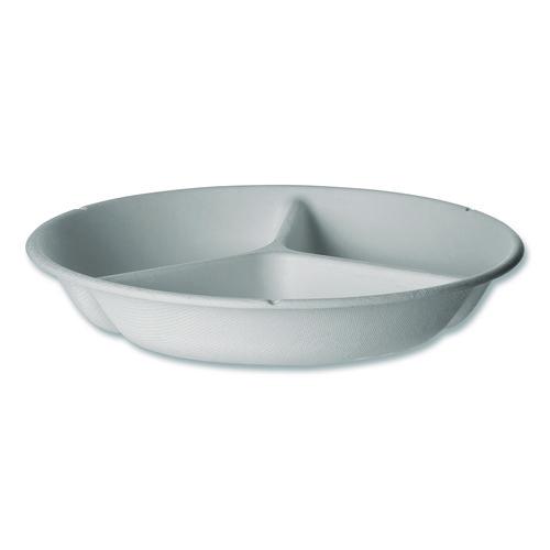Vanguard Renewable and Compostable Sugarcane Containers, 3-Compartment Bowl, 28 oz, White, 400/Carton
