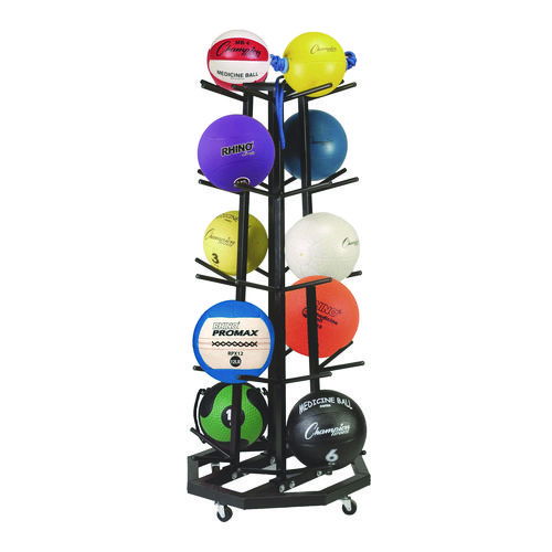 Deluxe Five-Row Mobile Medicine Ball Rack, Metal, 198 lb Capacity, 25" x 25" x 56", Black