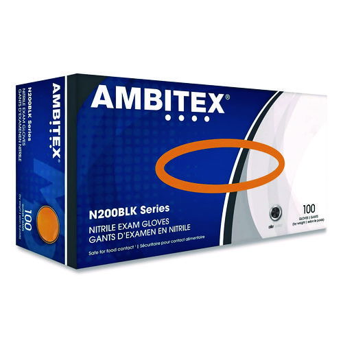 N200 Series Powder-Free Nitrile Gloves, Small, 9" Long, Black, 100/Box