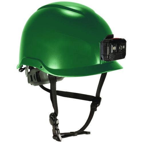 Skullerz 8976LED Class E Safety Helmet with LED Light, 6-Point Ratchet Suspension, Green