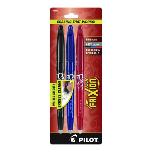 FriXion Ball Erasable Gel Pen, Stick, Fine 0.7 mm, Assorted Ink and Barrel Colors, 3/Pack