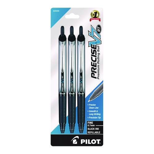 Precise V7RT Rollerball Pen, Retractable, Fine 0.7 mm, Black Ink, Black Barrel, 3/Pack