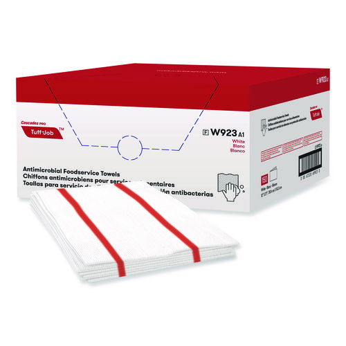 Tuff-Job Guard Antimicrobial Towels, White/Red, 12 x 21, 1/4 Fold, 150/Carton