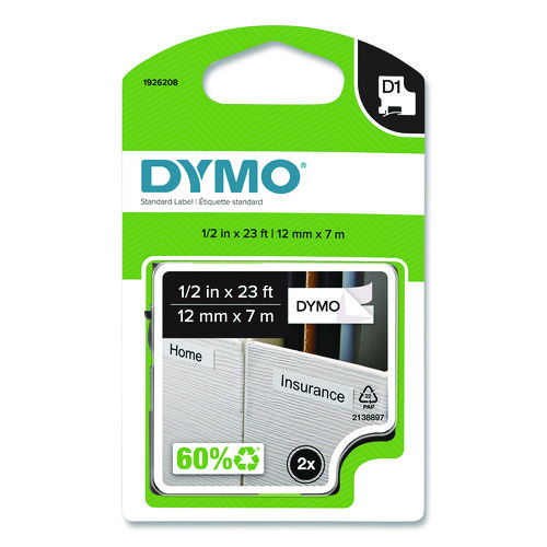 D1 Standard Labels, 0.5" x 23 ft, Black Print on White Tape, 2/Pack
