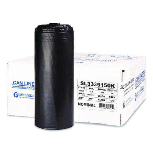 Low-Density Commercial Can Liners, 33 gal, 1.5 mil, 33" x 39", Black, Interleaved Roll, 20 Bags/Roll, 5 Rolls/Carton