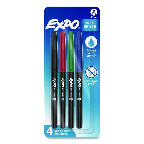 Wet Erase Markers, Fine Bullet Tip, Assorted Colors, 4/Pack