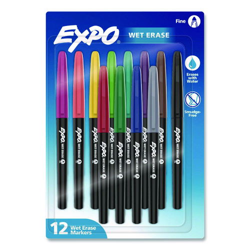Wet Erase Markers, Fine Needle Tip, Assorted Colors, 12/Pack