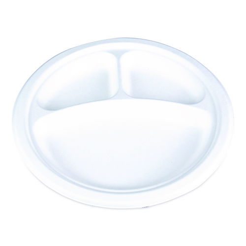 ChampWare Molded Fiber Tableware, 3-Compartment Plate, 10" dia, White, 125/Sleeve, 4 Sleeves/Carton