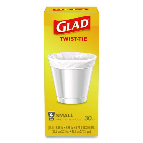 Small Twist-Tie Trash Bags, 4 gal, 0.74 mil, 23 x 21.63, White, 30/Box
