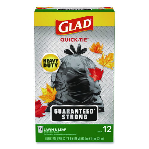 Large Quick-Tie Trash Bags, Lawn and Leaf, 39 gal, 0.95 mil, 32.5 x 41, Black, 12 Bags/Box
