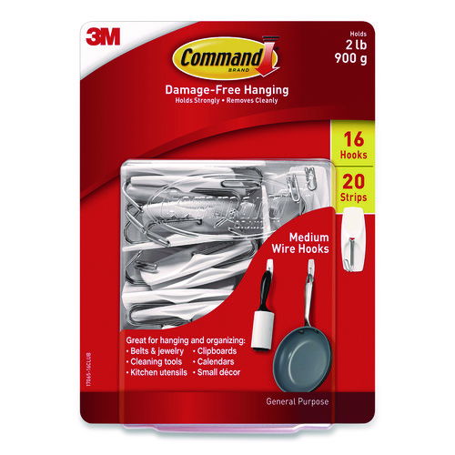 General Purpose Wire Hooks, Medium, Metal, White, 2 lb Capacity, 16 Hooks and 20 Strips/Pack