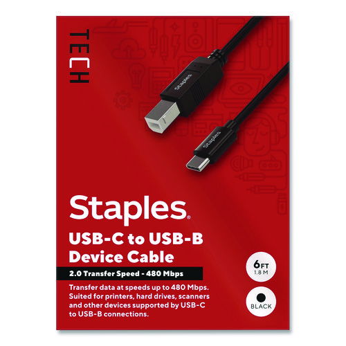 USB-C to USB-B 2.0 Cable, 6 ft, Black