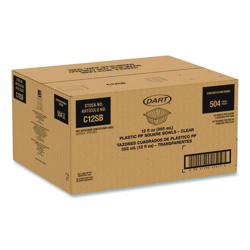 Square Plastic Bowls, 12 oz, 8.5 x 8.5 x 2.64, Clear, Plastic, 63 Bowls/Sleeve, 8 Sleeves/Carton