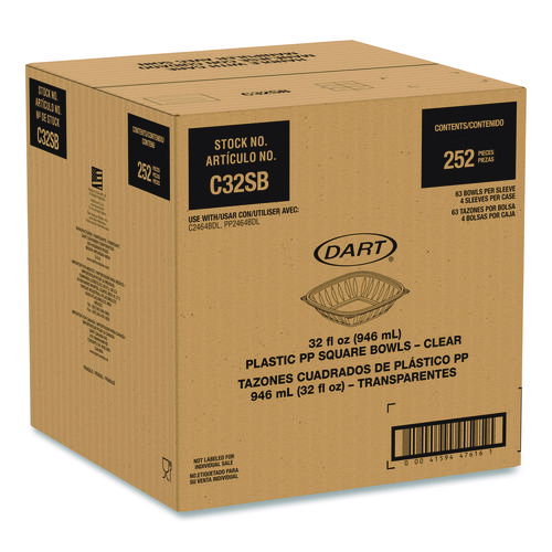 Square Plastic Bowls, 32 oz, 5 x 5 x 1.49, Clear, Plastic, 63 Bowls/Sleeve, 4 Sleeves/Carton