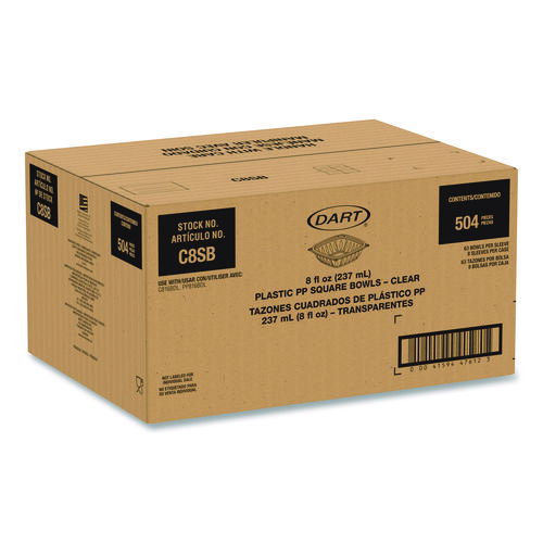 Square Plastic Bowls, 8 oz, 8.5 x 8.5 x 1.51, Clear, Plastic, 63 Bowls/Sleeve, 8 Sleeves/Carton
