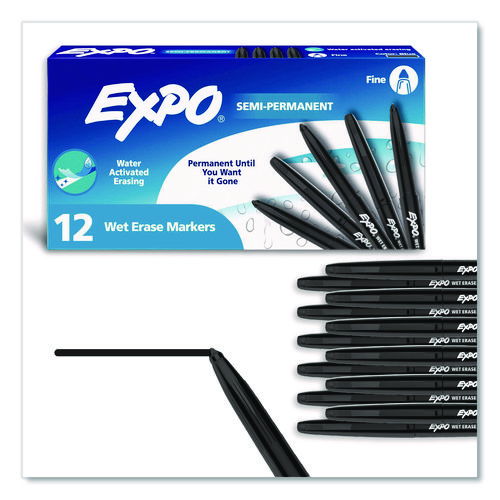 Wet Erase Marker, Fine Bullet Tip, Black, 12/Pack
