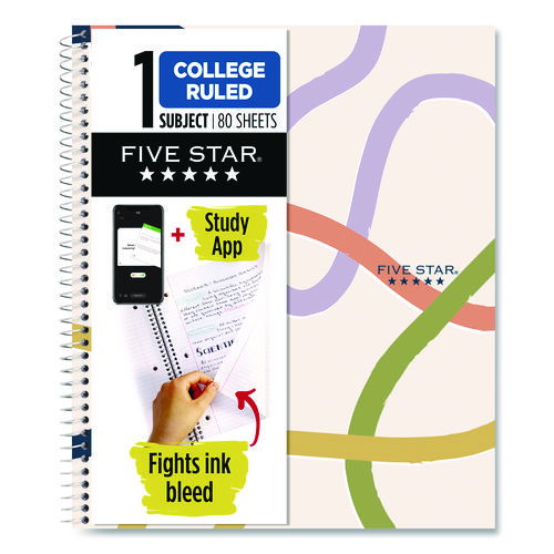 Simple Waves Organic Lines Notebook w/ Study App, 1-Subject, Med/College Rule, Assorted Cover Color (80) 11 x 8.5 Sheets