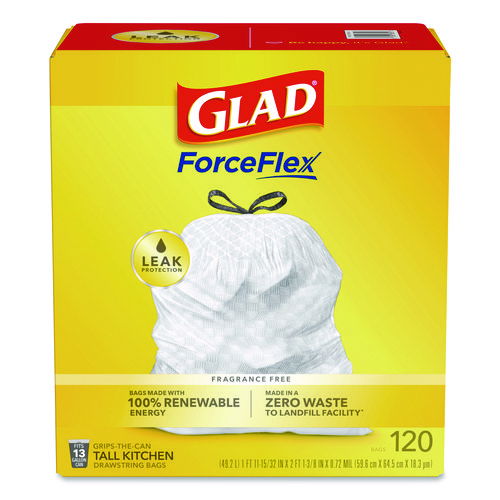 CloroxPro ForceFlex Tall Kitchen Drawstring Trash Bags, 13gal, Unscented, 23.47" x 25.38", White, 120 Bag/Box, 3 Boxes/Carton