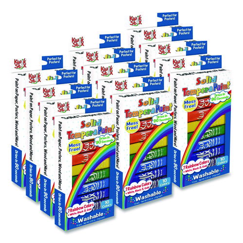Kwik Stix Tempera Paint Set, Regular Size, 0.7" x 3.5", 10 Assorted Colors, 10/Pack, 12 Packs/Carton