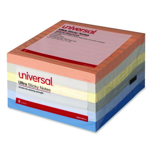 Ultra Sticky Note Pads, Note Ruled, 4" x 4", Assorted Colors, 100 Sheets/Pad, 6 Pads/Pack