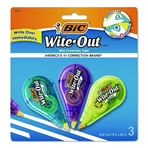 Wite-Out Brand Mini Correction Tape, Non-Refillable, Blue/Purple/Yellow Applicators, 0.2" x 314.4", 3/Pack