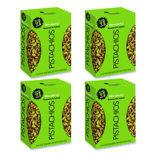 Wonderful No Shells Pistachios, Roasted and Salted, 0.75 oz Bag, 9 Bags/Box, 4 Boxes/Carton