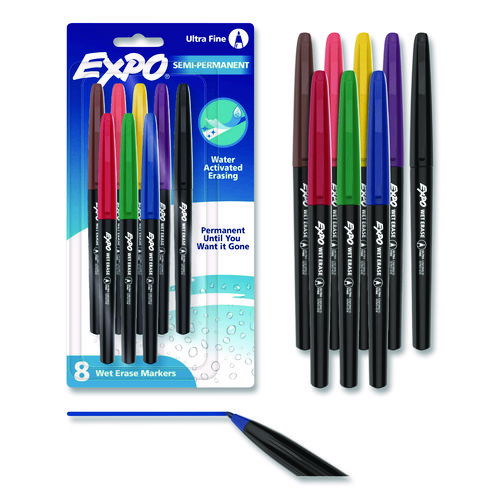 Wet Erase Marker, Fine Bullet Tip, Assorted Colors, 8/Pack
