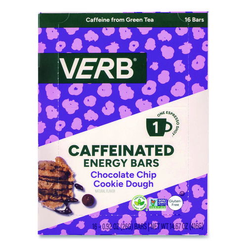 Caffeinated Energy Bar, Chocolate Chip Cookie Dough, 0.92 oz Bar, 16/Box
