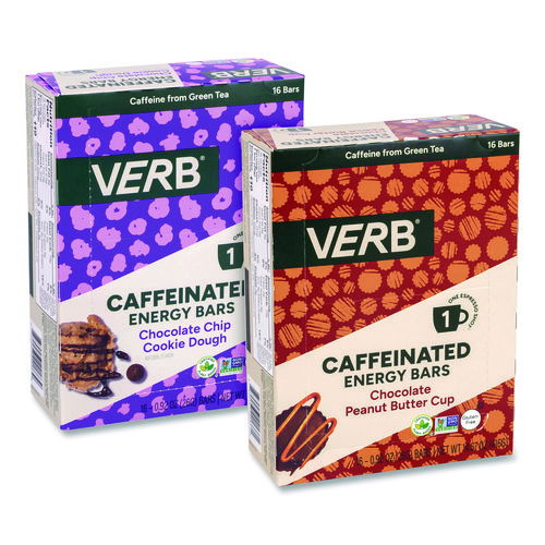 Caffeinated Energy Bar, Chocolate Peanut Butter Cup and Chocolate Chip Cookie Dough, 0.92  oz Bar, 32/Box