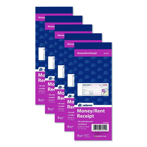 Money/Rent Receipt Book, Two-Part Carbonless, 6.69 x 2.75, 50 Receipts/Book, 5 Books/Pack