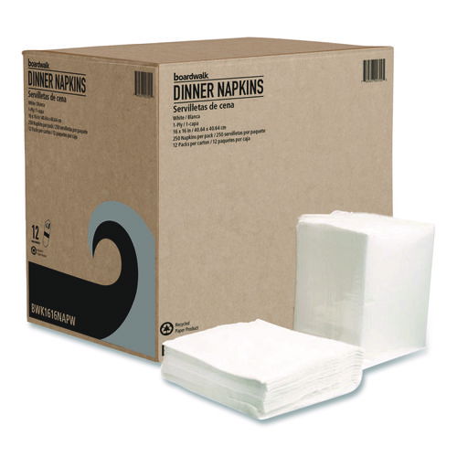 Dinner Napkins, 1-Ply, 16" x 16", White, 250/Pack, 12 Packs/Carton