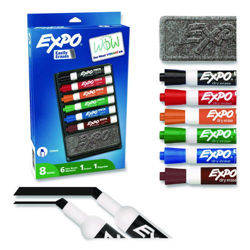 Low-Odor Dry Erase Marker and Organizer Kit, Broad Chisel Tip, Assorted Colors, 6/Set