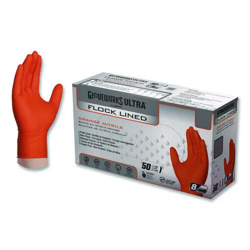 Ultra Industrial Flock-Lined Nitrile Disposable Gloves, XX-Large, 6 mil Thick, 9.06" Long, Orange, 50/Box, 10 Boxes/Carton