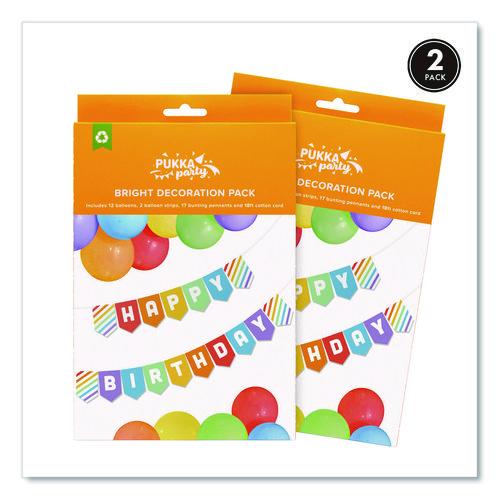Happy Birthday Balloon/Bunting Party Pack,12 Balloons/2 Balloon Strips/17 Bunting Pennants, 18ft Cord, Assorted Colors, 2/Box