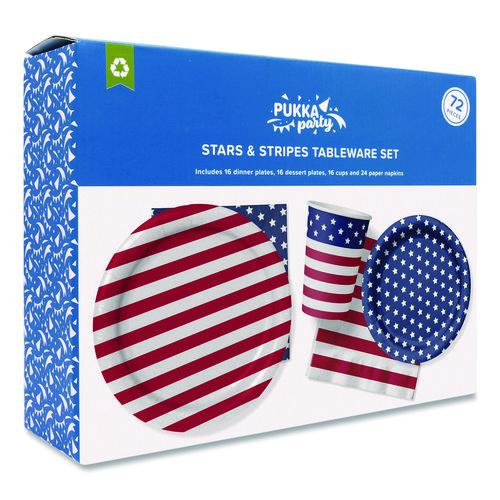 Stars and Stripes Tableware Pack, 16 Cups,16 Dessert Plates,16 Dinner Plates, 24 Paper Napkins, Blue/Red/White, 72 Pieces/Kit