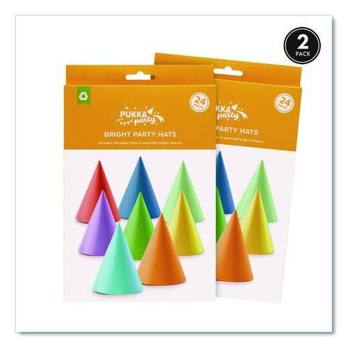 Bright Party Hats, Paper, 4.3 x 6, Assorted Bright Colors, 24/Pack, 2 Packs/Box