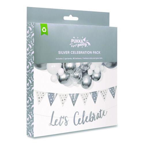 Silver and White Balloon Arch/Garland Party Pack, 46 Balloons, Balloon Strip, 2 Garlands, Glue Dots, Let's Celebrate Message