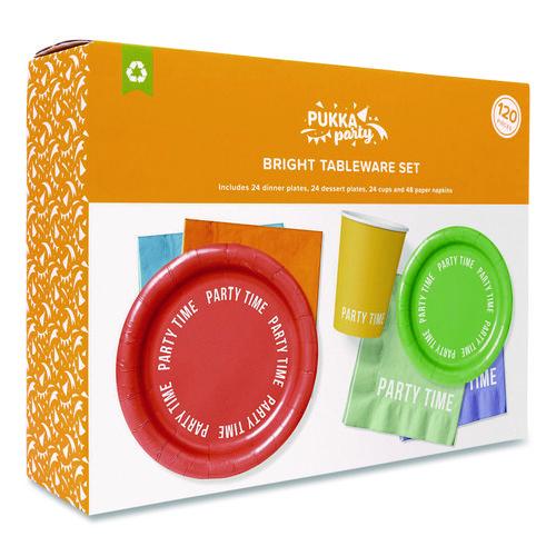 Birthday Tableware Pack, 24 Cups, 24 Dessert Plates, 24 Dinner Plates, 48 Paper Napkins, Assorted Colors, 120 Pieces/Kit