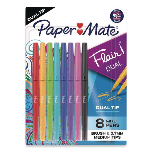 Flair Dual Porous Point Pen, Stick, Medium 0.7 mm Bullet, Pressure-Sensitive Brush, Assorted Ink and Barrel Colors, 8/Pack