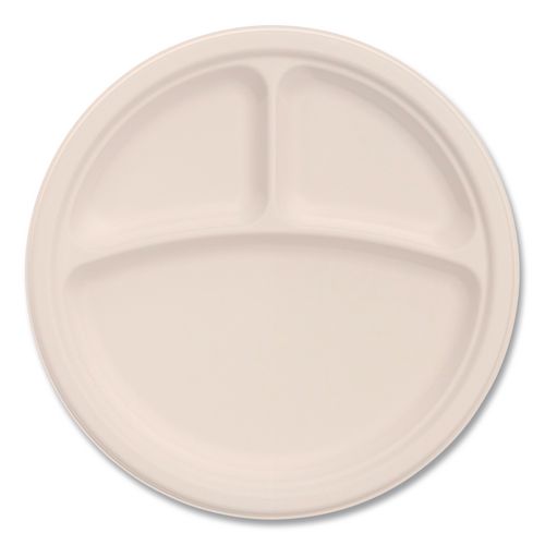 Compostable Molded Fiber Dinnerware, ProPlanet Seal, 3-Compartment Plate, 9" dia, Natural, 500/Carton