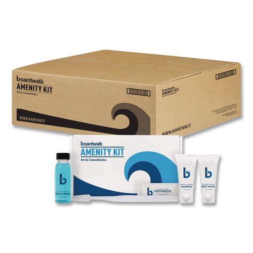 Amenities Kit, Mouth Rinse, Toothbrush, Toothpaste, Body Wash, Shampoo, Green Tea Lemongrass, 12 Kits/Carton