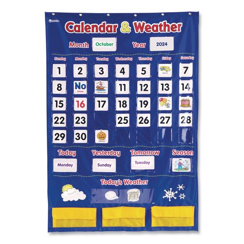 Calendar and Weather Pocket Chart, 46 Pockets, 14.7 x 32.2, Blue, 136 Cards