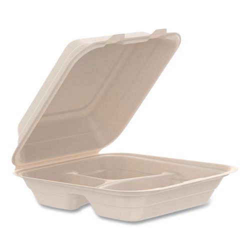 Compostable Molded Fiber Hinged Trays, ProPlanet Seal, 3 Compartments, 8.65 x 7.94 x 2.98, Natural, 200/Carton
