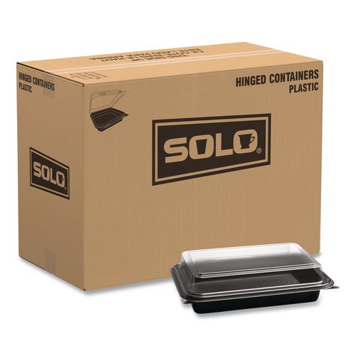 Creative Carryouts Hinged Plastic Hot Deli Boxes, 8.75 x 6.2 x 2.2, Black/Clear, 200/Carton