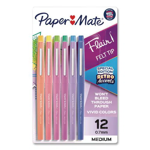 Flair Felt Tip Porous Point Pen, Retro Accents, Stick, Medium 0.7mm, Randomly Assorted Ink, Randomly Assorted Barrel, 12/Pack